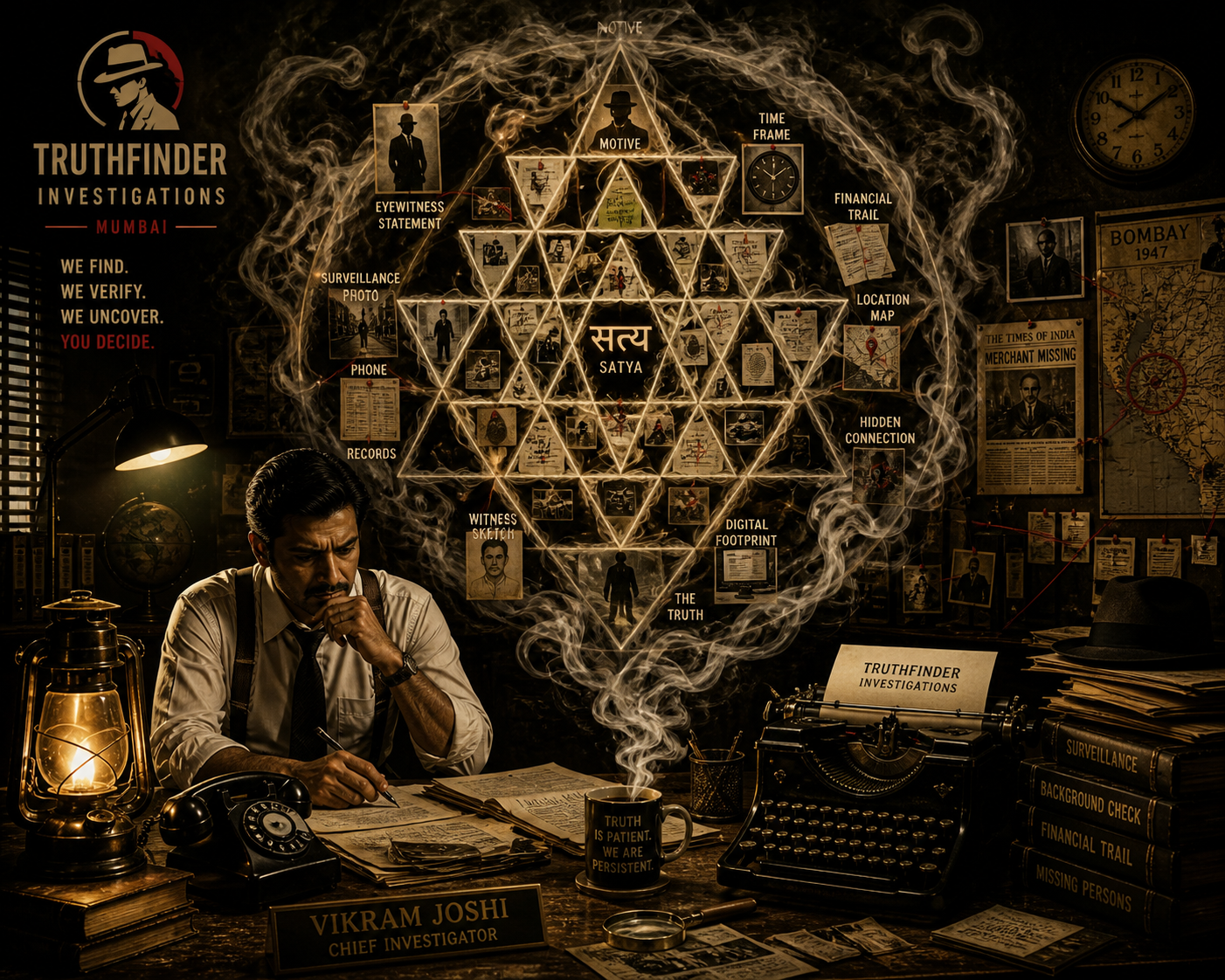 Truthfinder Investigations Mumbai office hero — founder Vikram Joshi reading a CASE REPORT at his desk under a focused desk-lamp, evidence pinboard with map and pinned subject photos behind, agency service-list on left wall (Surveillance / Background Checks / Infidelity Investigations / Corporate Investigations / Legal Support), brass desk-nameplate Truthfinder Investigations Discreet Professional Results